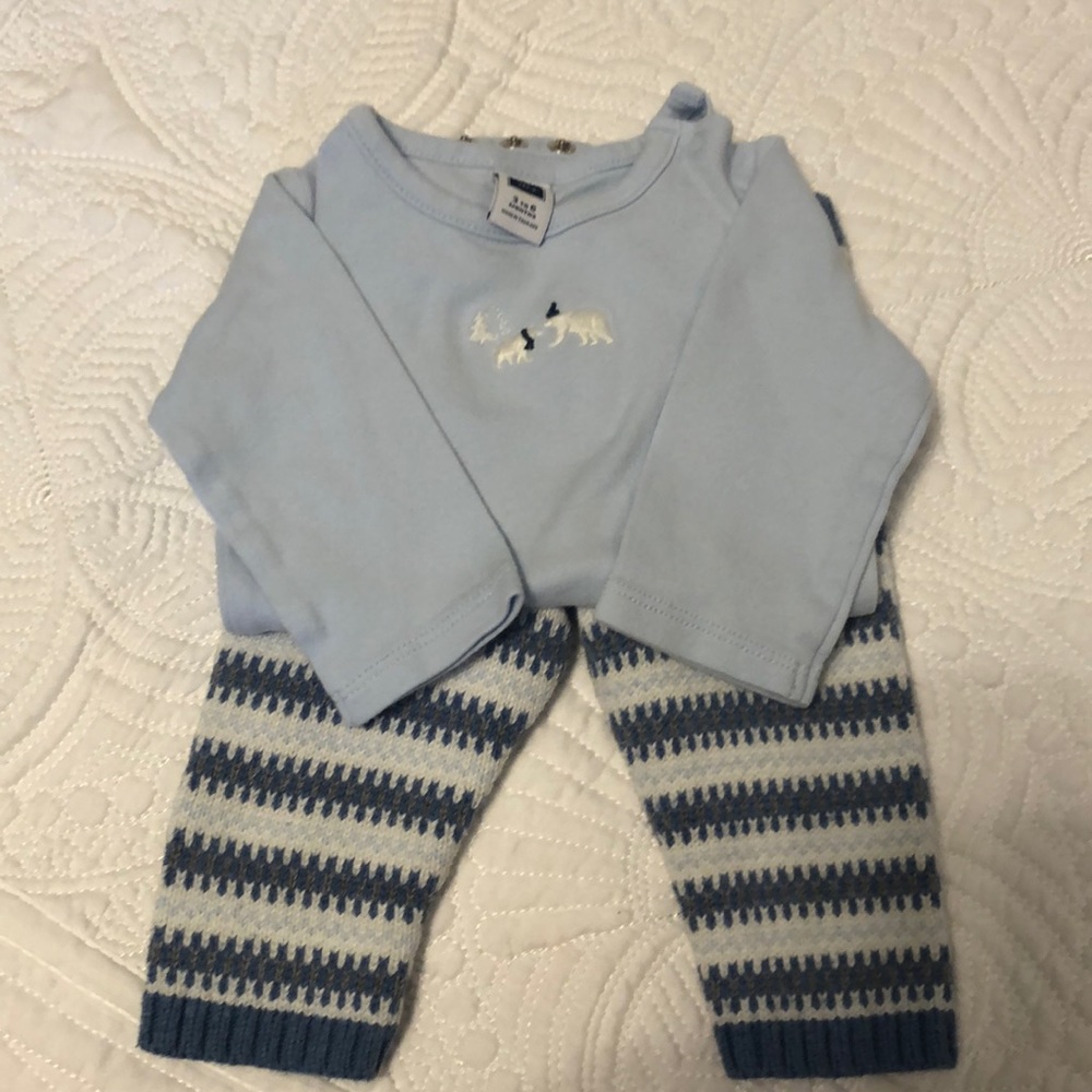 Gently used Janie & Jack sz 3-6mo light blue polar bear onesie & sweater pants